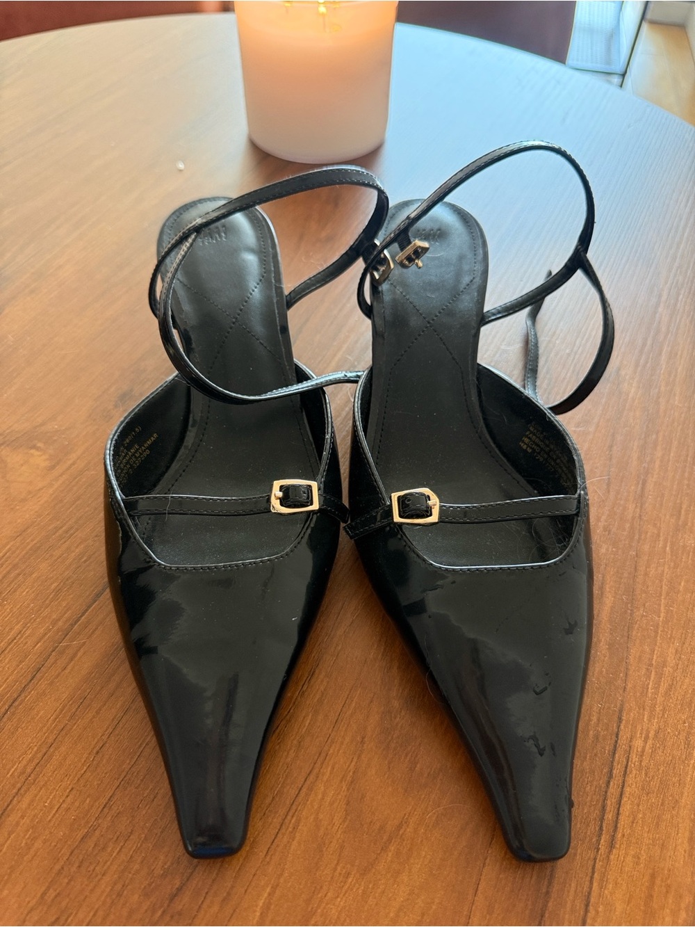 H&M Black Patent Pointed Slingback Heels with Buckle